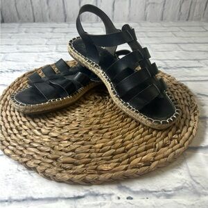 Black Open Toe Fisherman Sandals with Woven Sole. Size 8 1/2